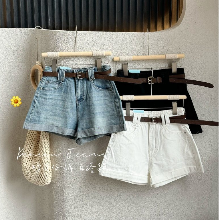 KOCHI ตู้เสื้อผ้า Daigou CN6188 กางเกงขาสั้นผ้ายีนส์ยืด A-Line ขดพร้อมเข็มขัดสีดํา S Size