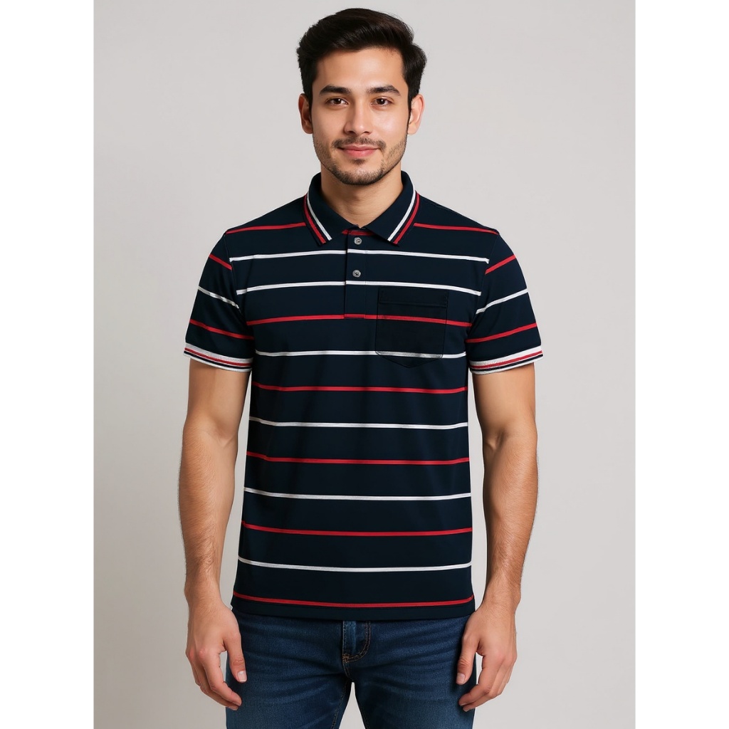 เสื้อยืดโปโลผู้ชายลายทาง – เสื้อยืดแขนสั้นลําลองคอปกมีกระเป๋า
