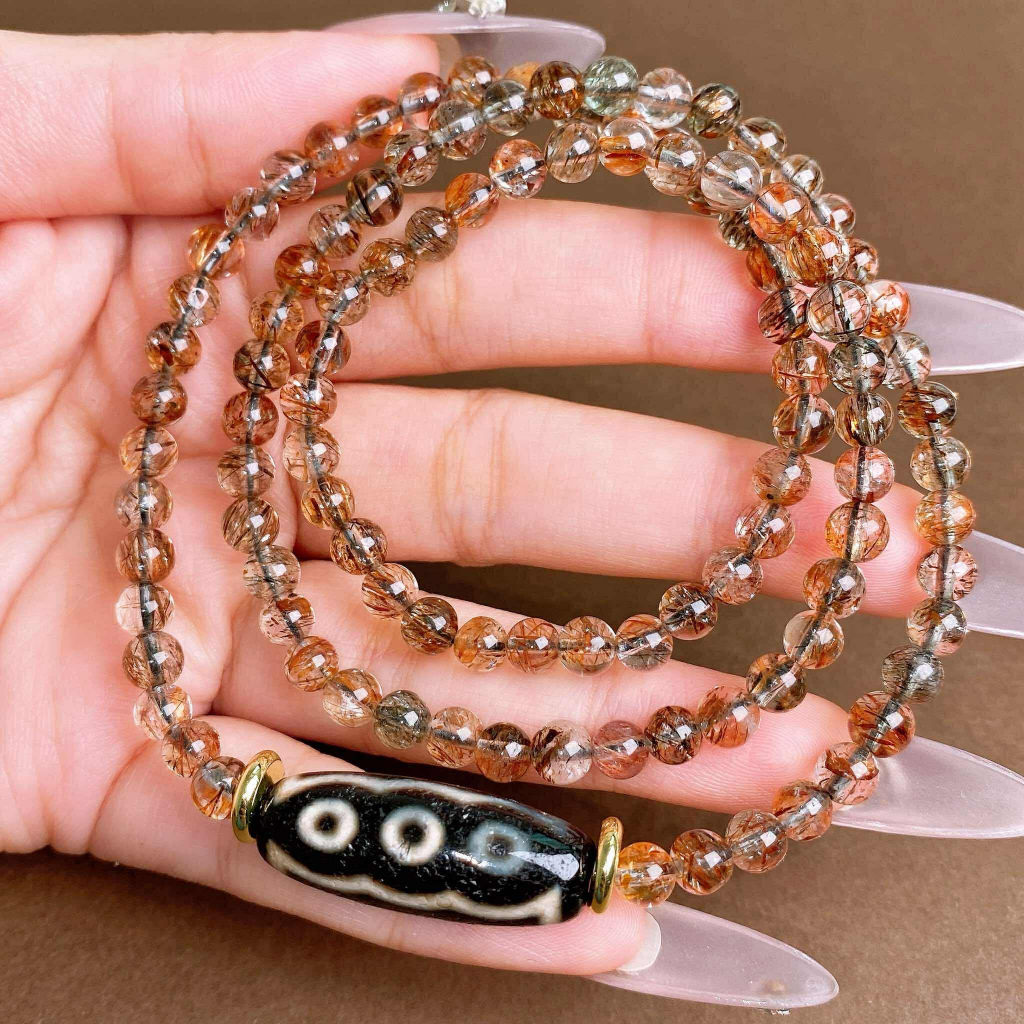 Black Gold Super Seven Three Circles+Five Eyes Dzi Bead Polymer Seven Minerals x Fuhui Five Perfecti