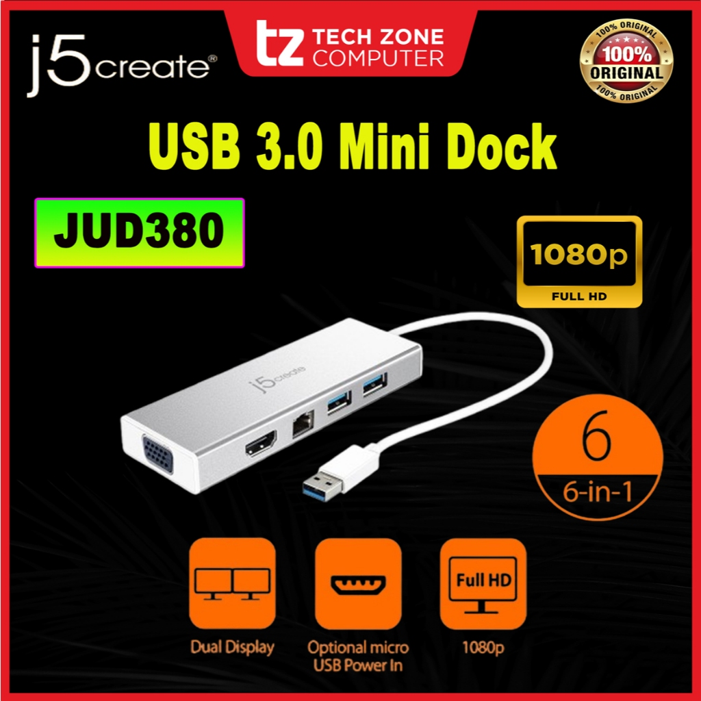 J5CREATE JUD380 USB 3.0 Mini Dock HDMI และ VGA Dual Display/Gigabit Ethernet/ฮับ USB