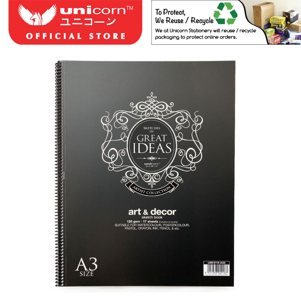 เครื่องเขียนยูนิคอร์น A3 135GSM 17 แผ่น Art & Decor Sketchbook USB-918