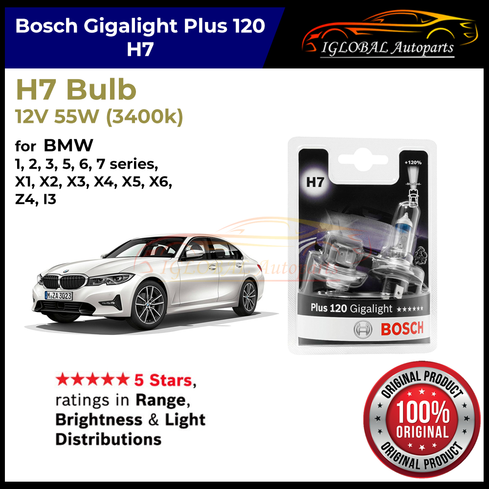 Bosch H7 Plus 120 Gigalight หลอดไฟหน้าสําหรับ BMW 1 2 3 5 6 7 series, X1 X2 X3 X4 X5 X6 Z4 i3 / MINI
