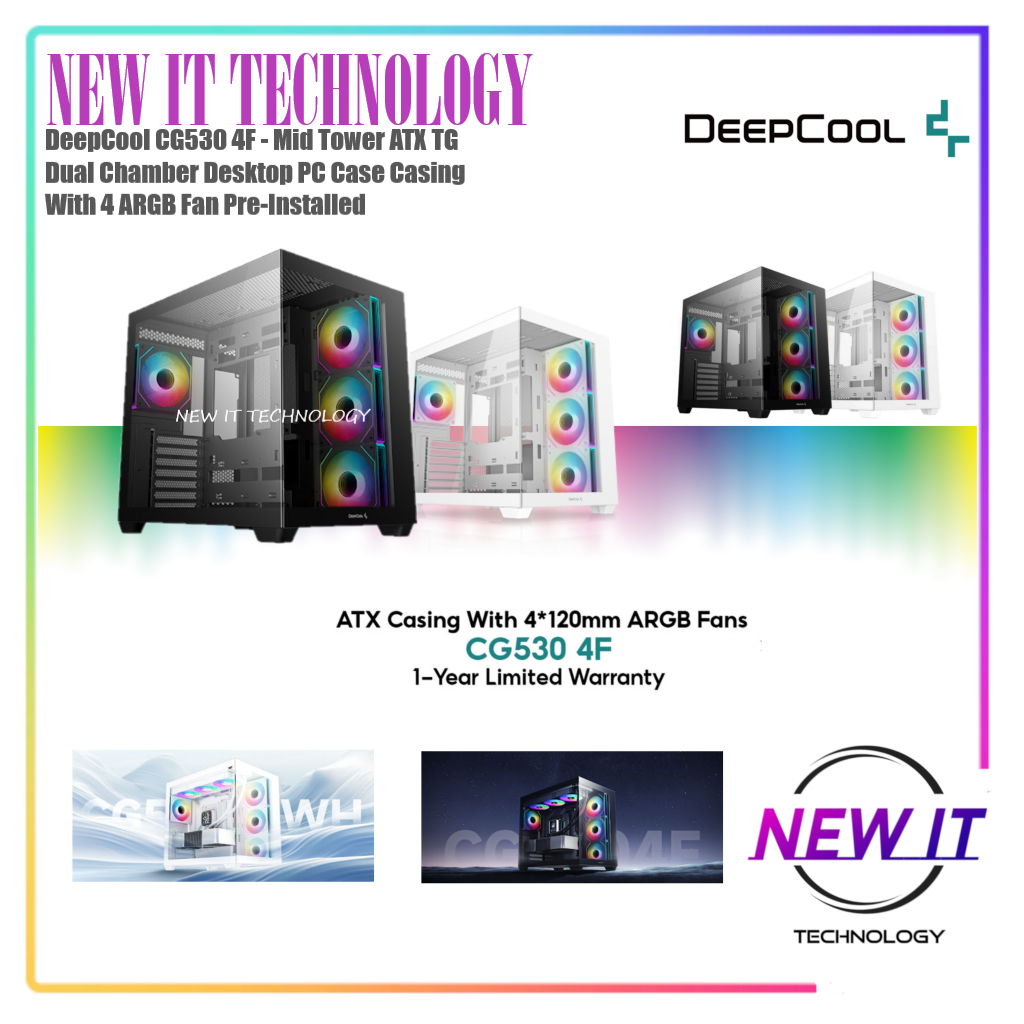 DeepCool CG530 4F - Mid Tower ATX TG Dual Chamber Desktop PC Case Casing With 4 ARGB Fan Pre-ติดตั้ง