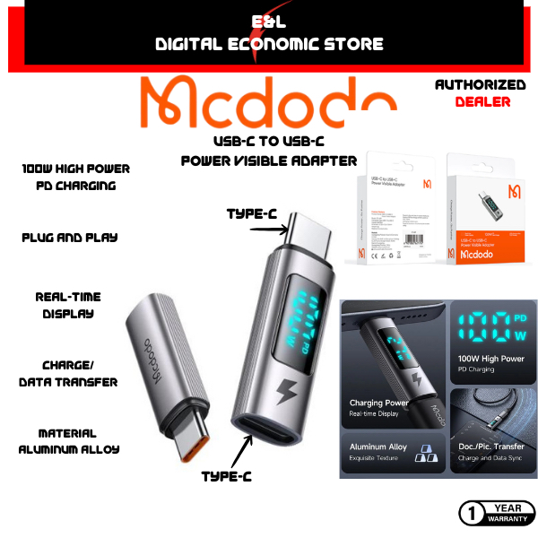 รับประกัน 1 ปี MCDODO จอแสดงผลดิจิตอล USB-C ถึง USB-C PD 100W Connector OT 6090