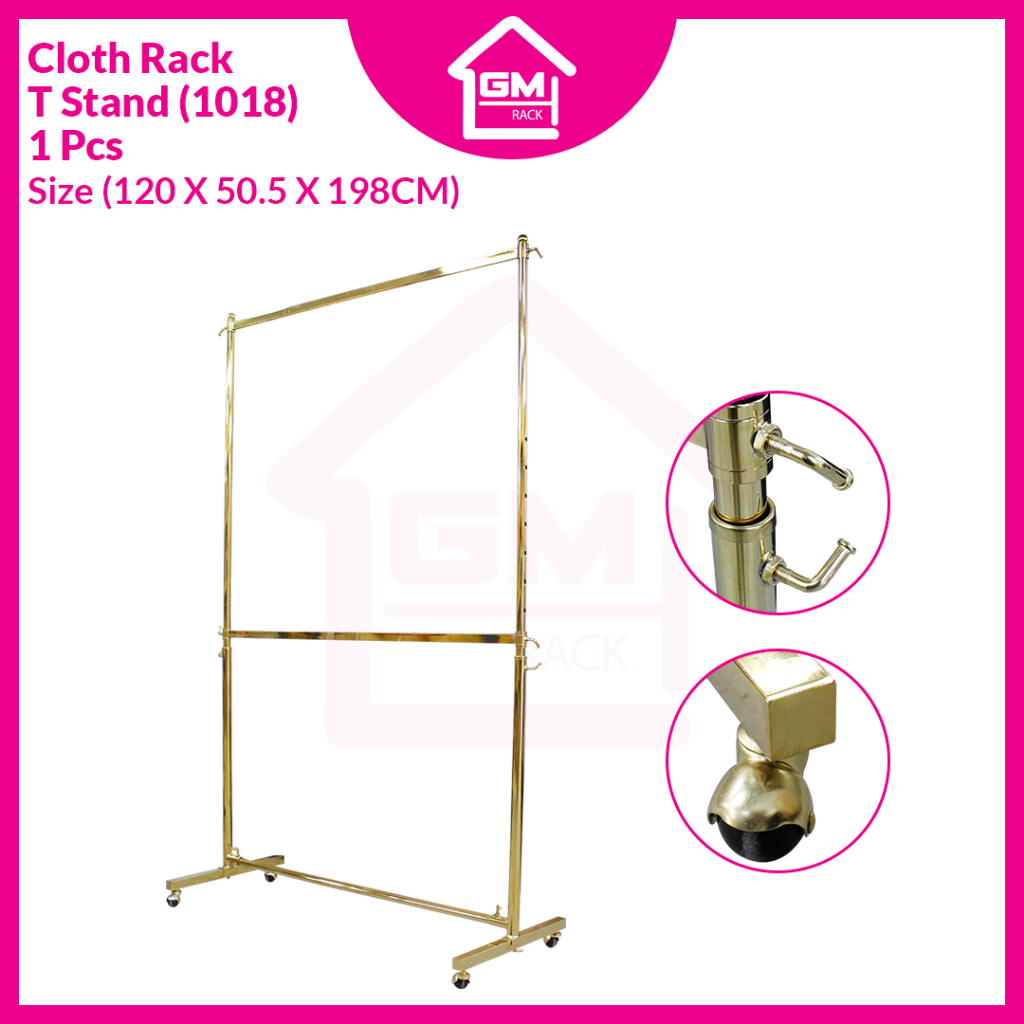 [GMTRACK] ผ้า RACK T STAND DOUBLE SQ BAR DRYING RACK RAK MENYANGKUT BAJU ได้รับการสนับสนุนสแตนเลส