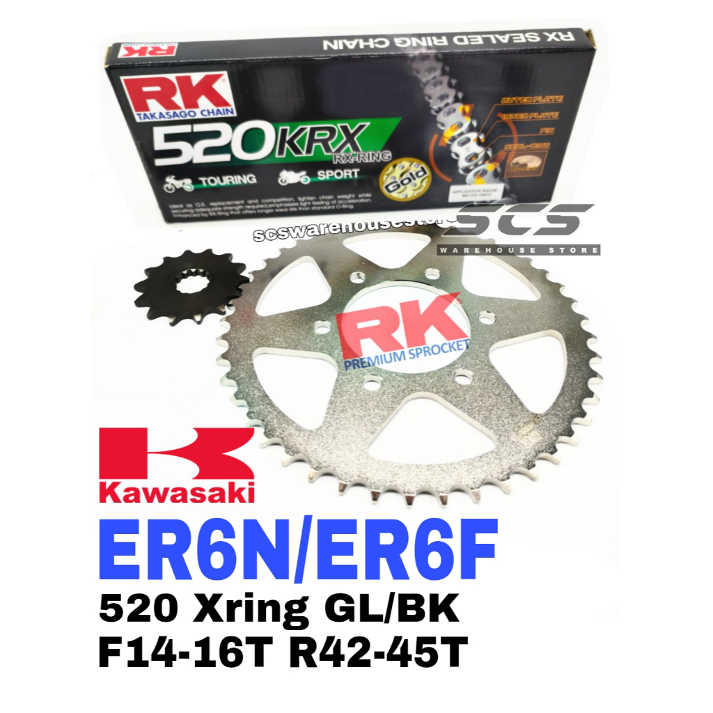 RK ชุดเฟือง Kawasaki ER6N ER6F RK 520 KRX X-Ring สีดํา/ทอง F14-16T R42-47T Rantai สีดํา Emas ER6 650