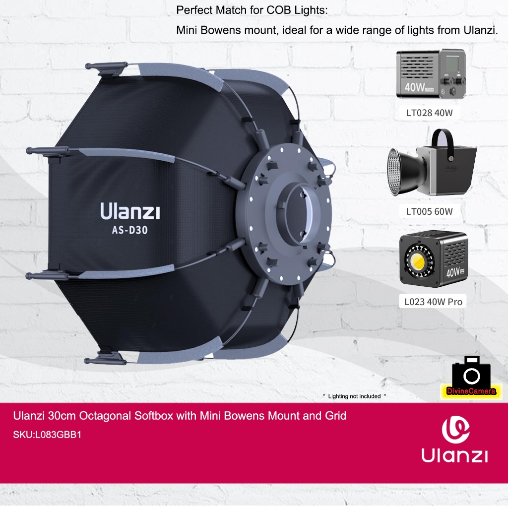 Ulanzi 30 ซม.AS-D30 ซอฟท์บ็อกซ์แปดเหลี่ยมพร้อม Mini Bowens Mount และ Grid SKU:L083GBB1