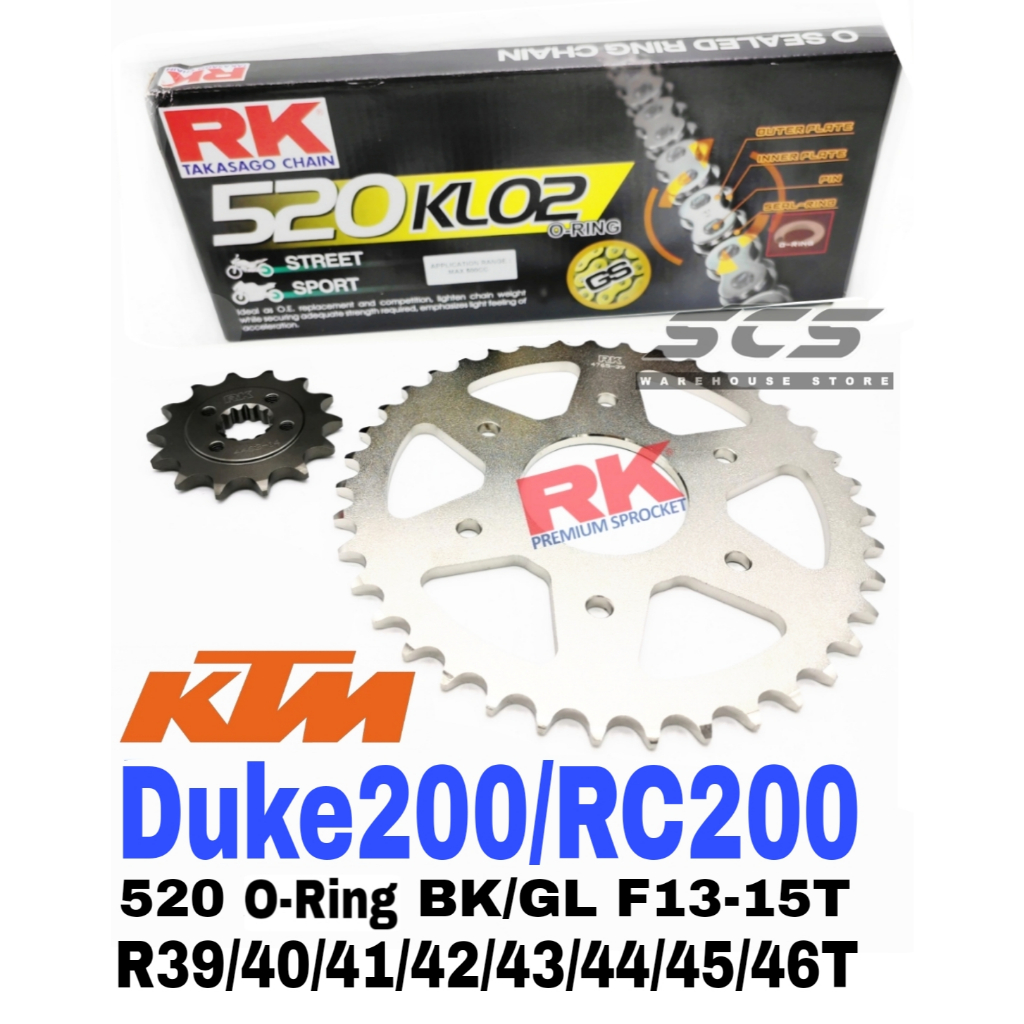RK ชุดเฟือง KTM Duke 200 / RC200 6 รู 520 KLO2 O-Ring สีดํา / ทองโซ่ F14T R39-46T Duke200 Rantai ORI