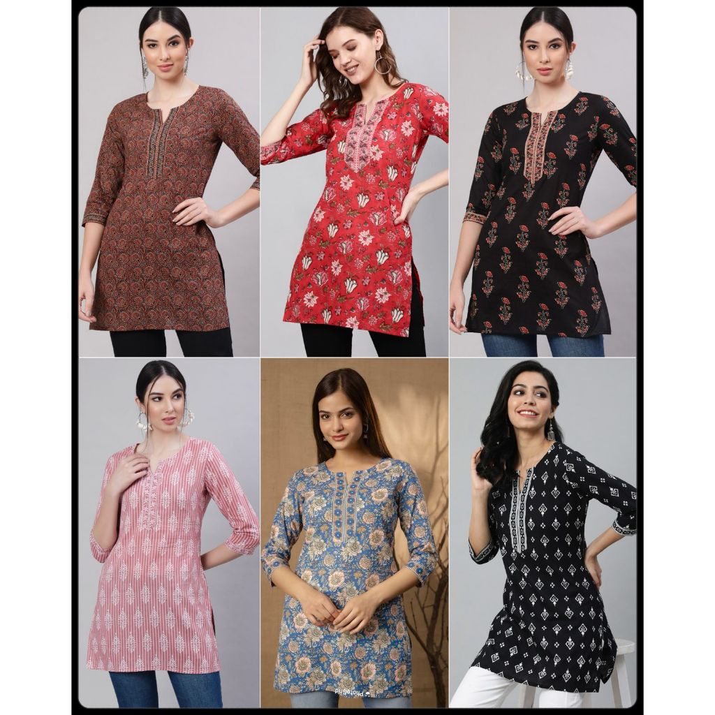 ผ้าฝ้ายพิมพ์เสื้อสําหรับปกติและสํานักงานสวมใส่ด้านบน/สั้น Kurti/สาวผ้าฝ้ายสั้น-Tunic