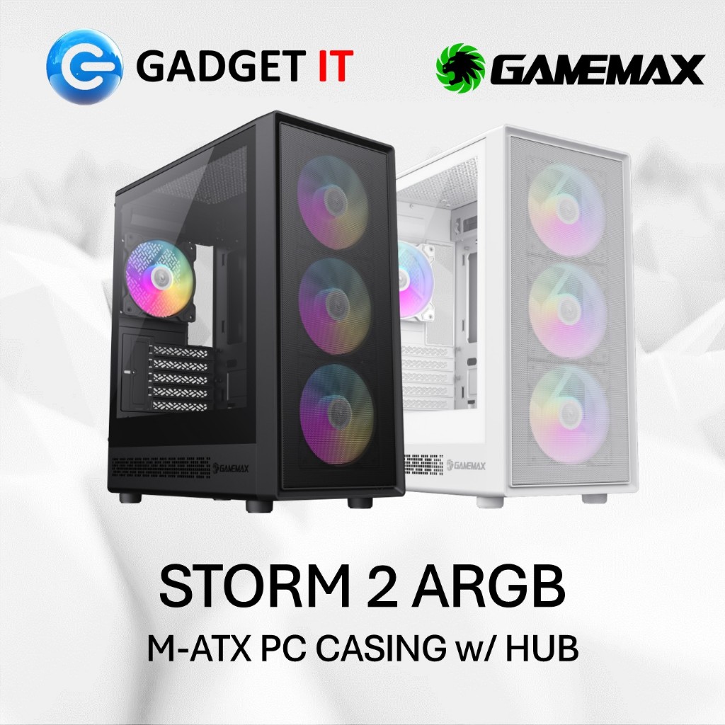 GAMEMAX STORM 2 MB / MW M-ATX PC CASING w/ 4x ติดตั้งพัดลม ARGB และ HUB MID TOWER สีดํา / สีขาว GADG