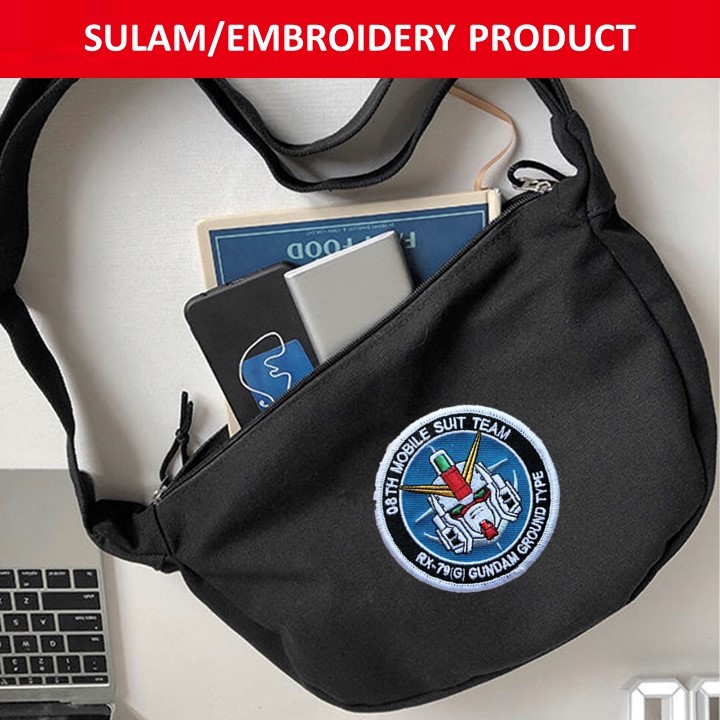 EMBROIDERY SULAM 08TH MOBILE SUIT TEAM ANIME GUNDAM LOGO BLACK CANVAS ZIPPER CROSSBODY SHOULDER SLIN