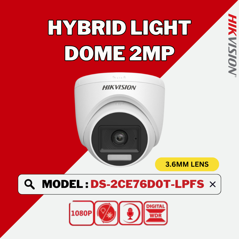 กล้องวงจรปิด HIKVISION (World No. 1) กล้องโดมภายในอาคาร Smart Hybrid Light 2MP DS-2CE76D0T-LPFS (3.6
