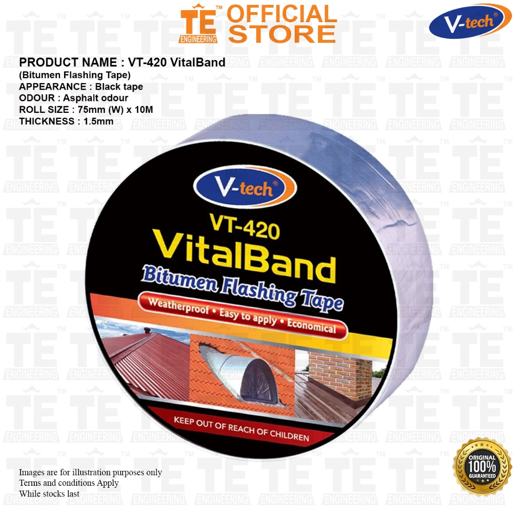 V-tech VT-420 VitalBand Bitumen เทปกระพริบ 75 มม. (W) x 10 เมตร (L) x 1.5 มม.(Thk)