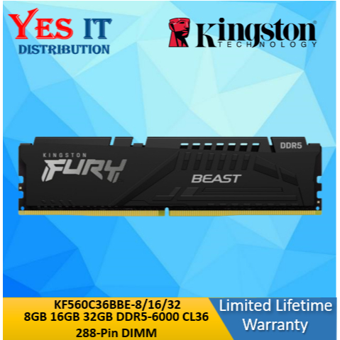 KINGSTON FURY BEAST 8GB 16GB 32GB 64GB 6000MT/s DDR5 CL36 BLACK XMP (AMD EXPO) - KF560C36BBE-8/16/32