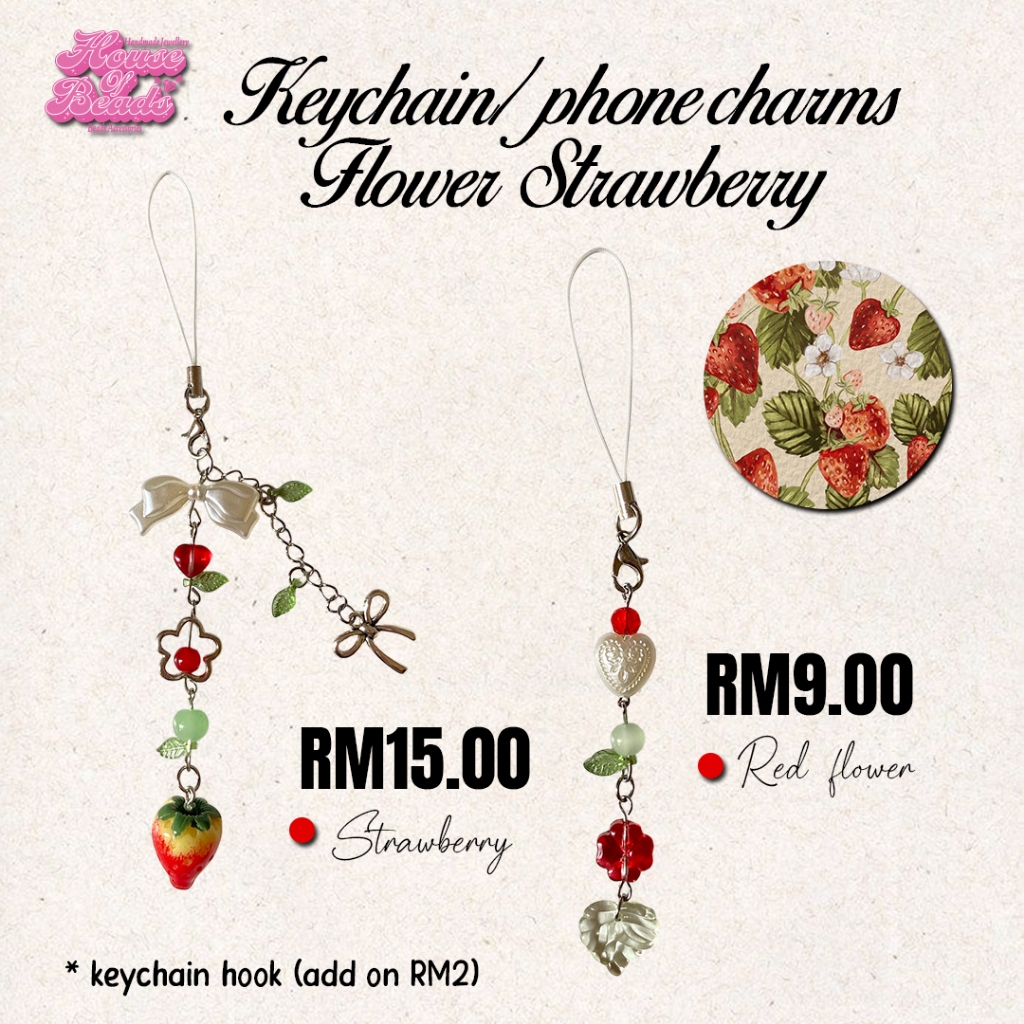 STRAWBERY AND FLOWERS BEADS KEYCHAIN/PHONE CHARM