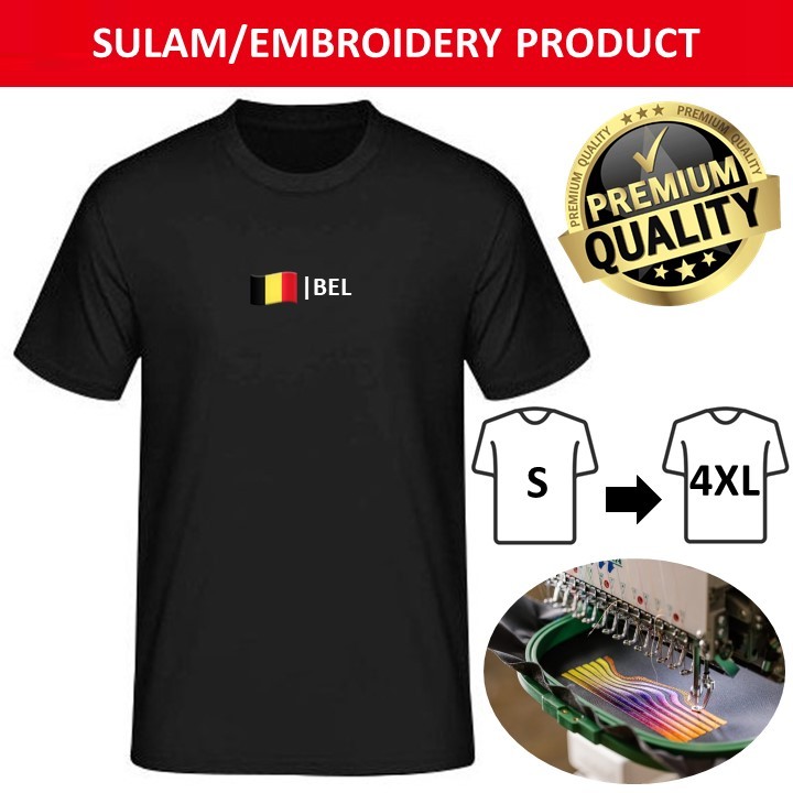 EMBROIDERY SULAM EMOJIS BEL BELGIUM FLAG LOGO ROUNDNECK เสื้อยืดผ้าฝ้ายสีดํา
