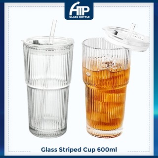 600ml ATP Glass Cup Cawan Bergaris Bergaya Large Capacity Summer Iced Coffee Vertical Striped Design Glass Cup