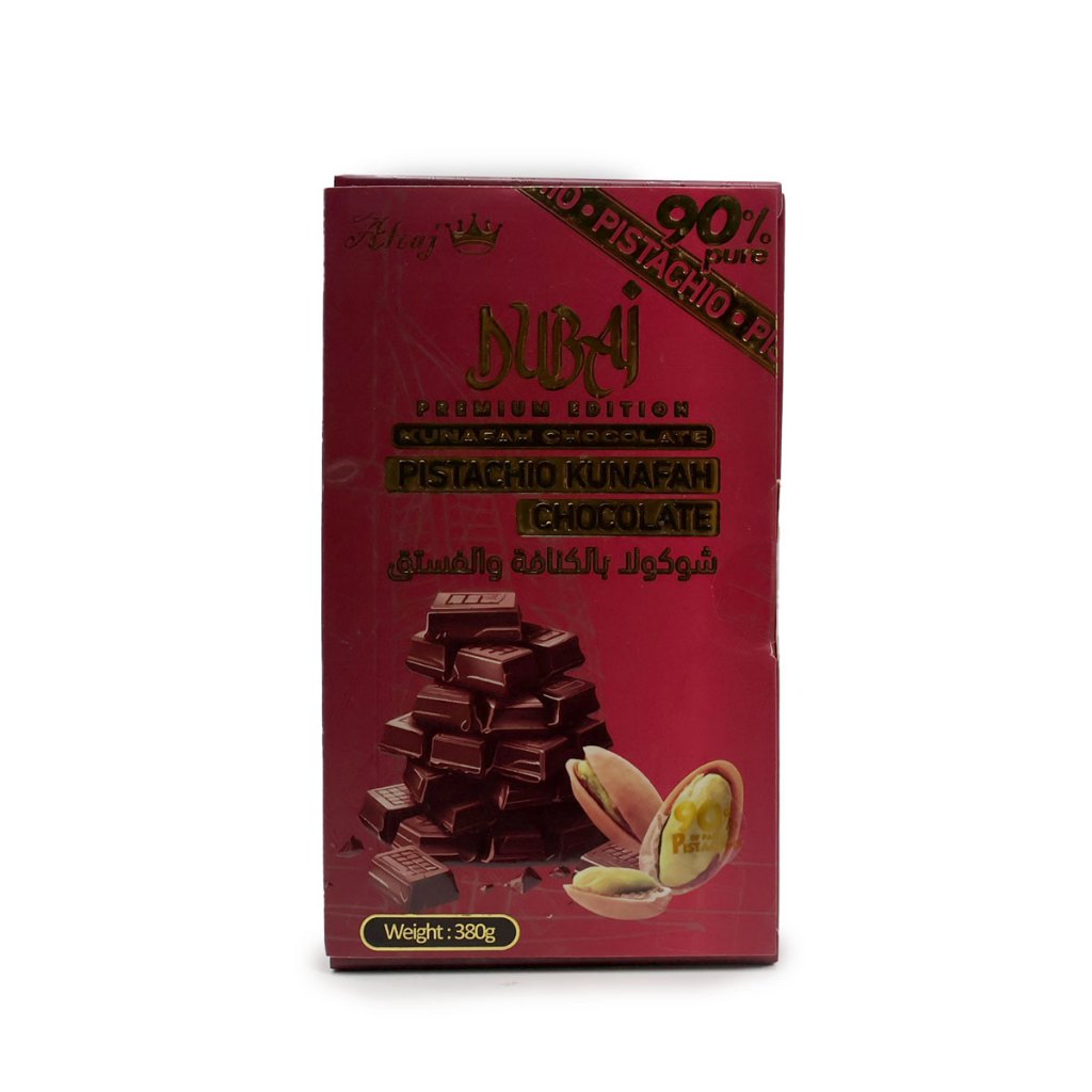 PISTACHIO KUNAFAH CHOCOLATE DUBAI 380G , 90% OF PASTE PURE PISTACHIO BY ALTAJ