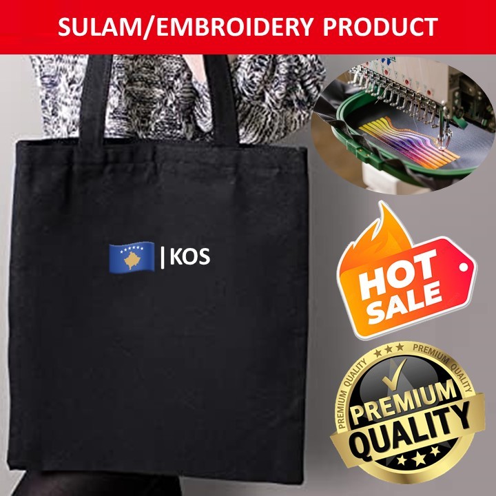 EMBROIDERY SULAM EMOJIS KOS KOSOVO FLAG LOGO BLACK CANVAS TOTE BAG