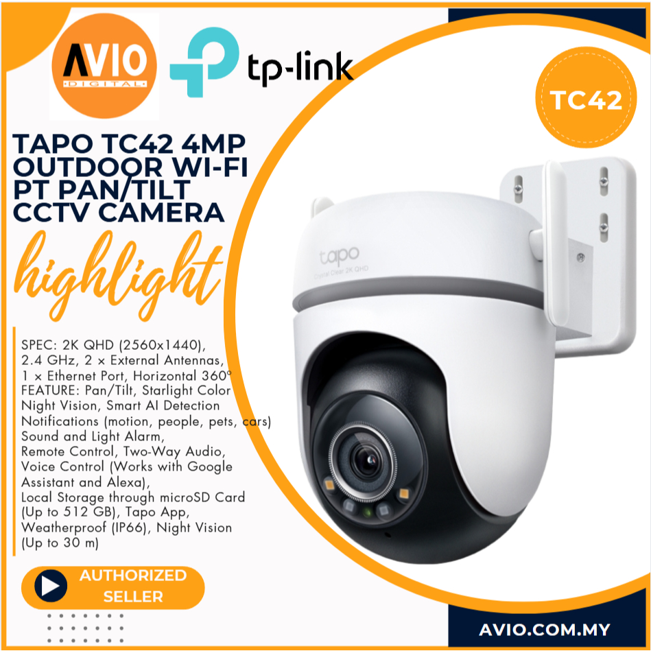 TP-LINK Tplink 4MP 4 ล้านพิกเซล Wifi กันน้ํากลางแจ้ง PT Pan Tilt กล้องวงจรปิด Night Vision TAPO TC42