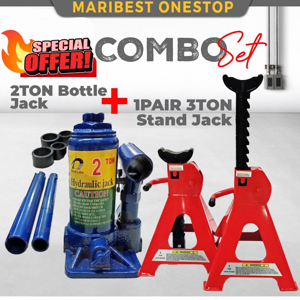 COMBO 3 TON JACK STAND (สีดํา) & 2 TON BOTTLE JACK [RANDOM COLOUR]