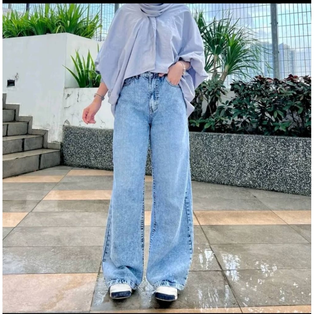 GIGI HADID ACID WASH WIDE LEG PALAZZO JEANS KAIN TAK GETTAH 26 HINGGA 36