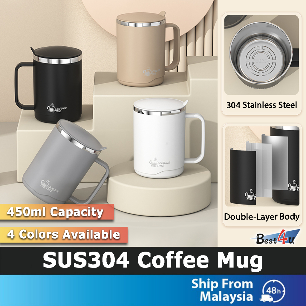 BEST4U 450ml แก้วกาแฟสแตนเลสพร้อมฝาปิดและหูจับ Chawan Kopi 450ml - Panas & Sejuk