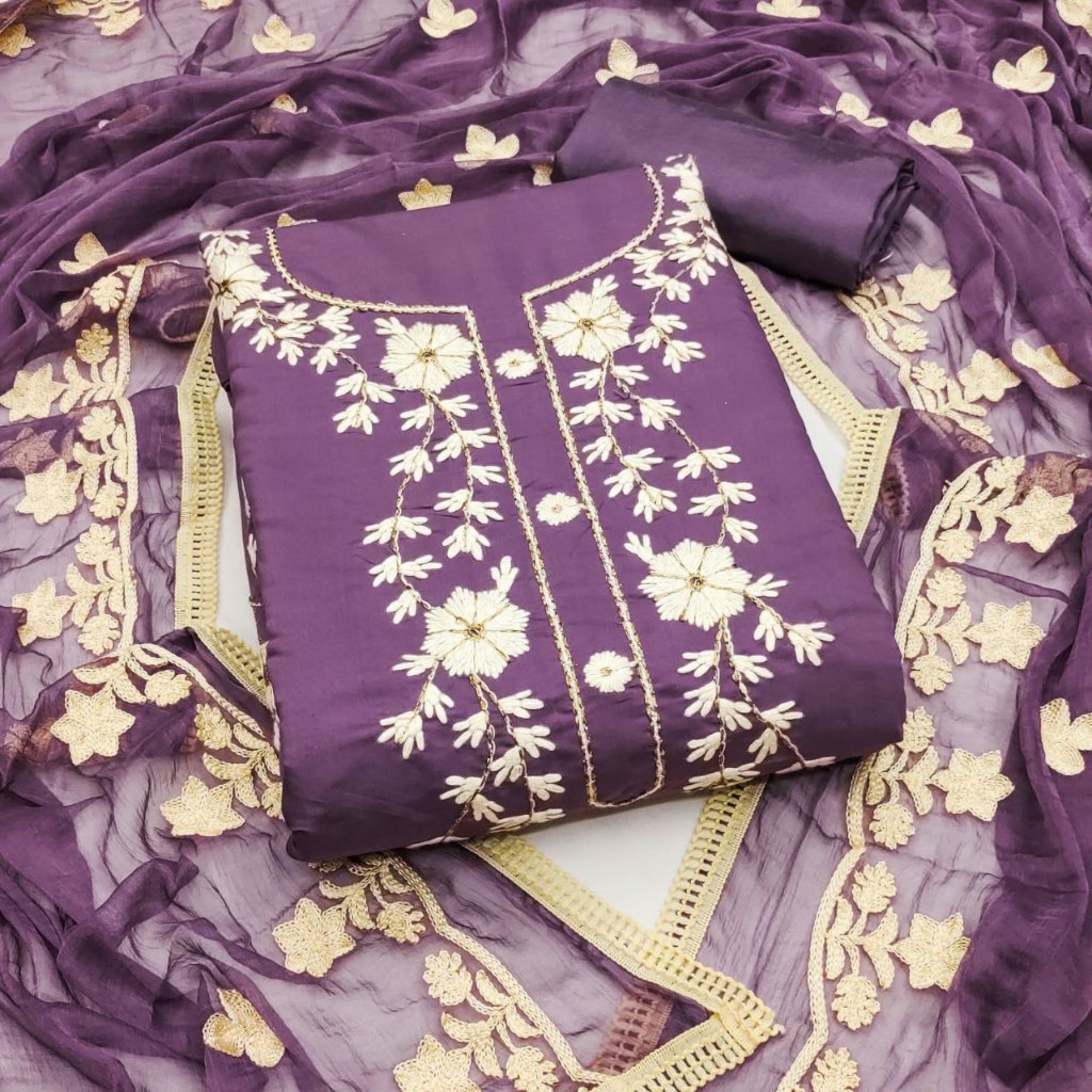 Unstitched Punjabi ชุดวัสดุผ้าไหมโรมันพร้อมงานปัก Kain Jahit Punjabi ชุด Salwar Kamez