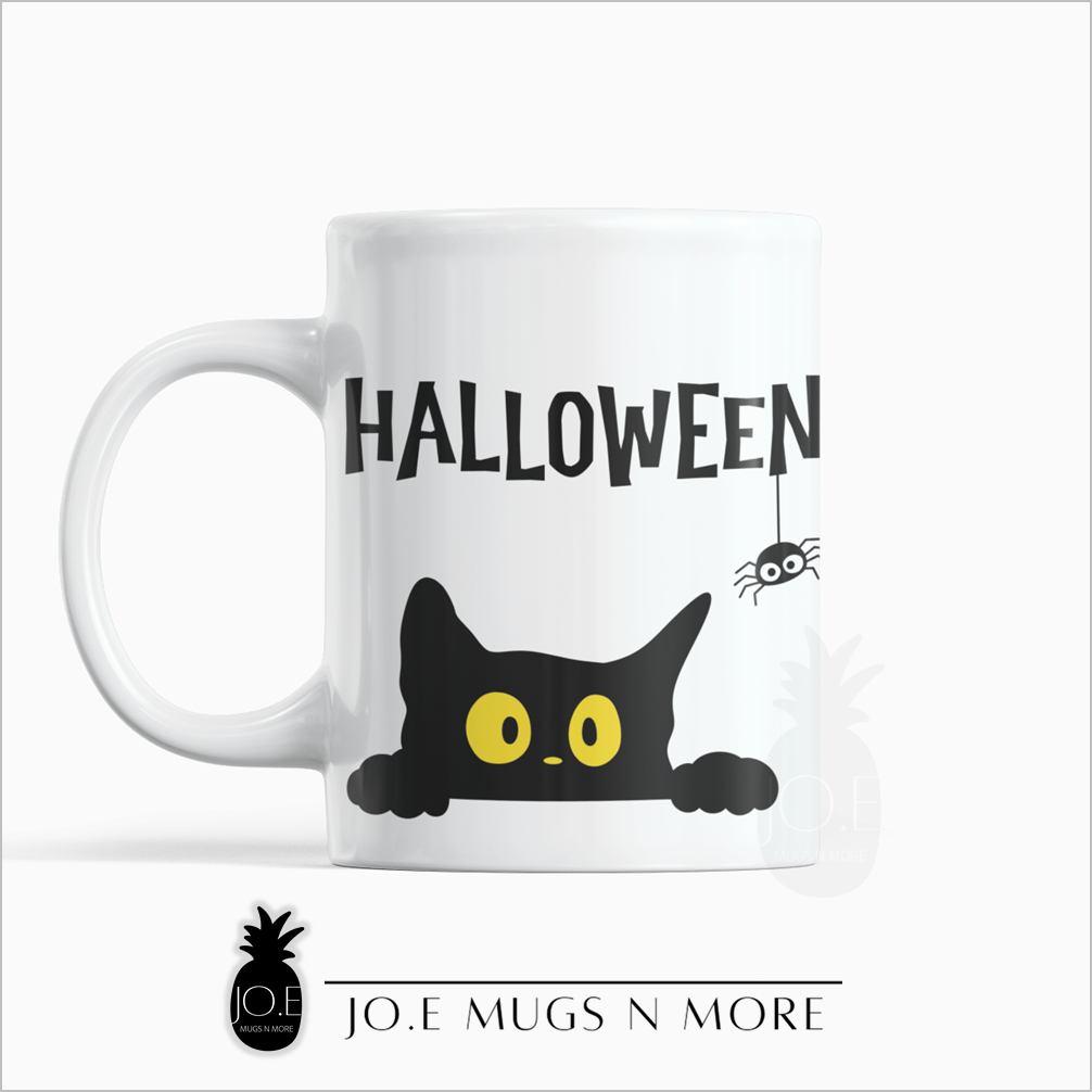 M314 JO.E CUSTOM NAME HALLOWEEN BLACK CAT MUG. ถ้วย. ส่วนตัว.