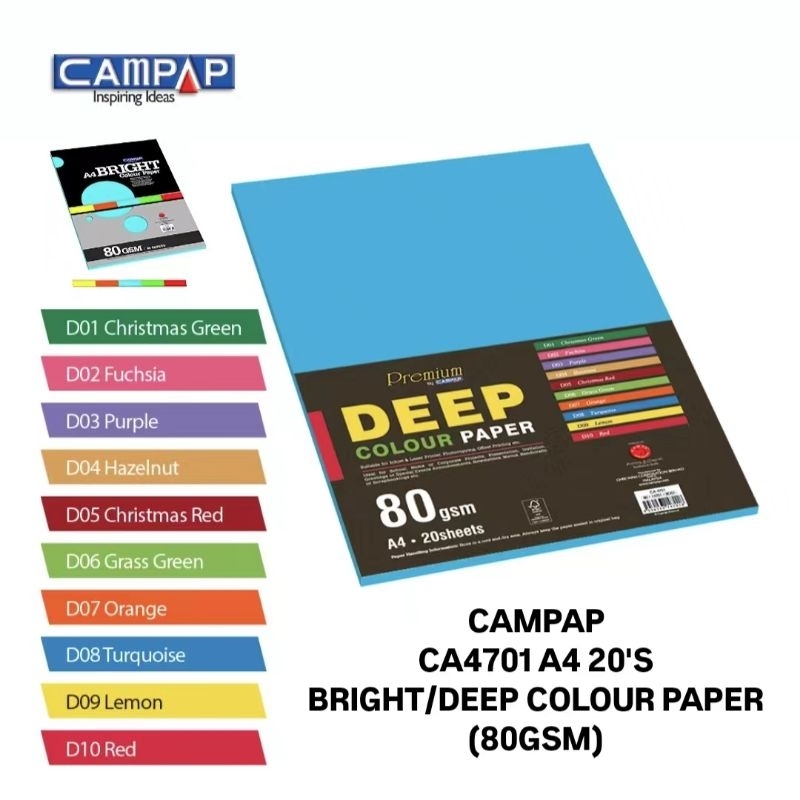 (2PTS) CAMPAP CA4701 A4 กระดาษสีสดใส/ลึก 80GSM 20SHEET X 2PKTS