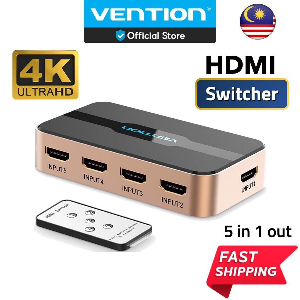 Vention HDMI Switch 5 in 1 Out HDMI Switcher 4K 2K 1080P 5 พอร์ต HDMI Hub Splitter สําหรับทีวีโปรเจค