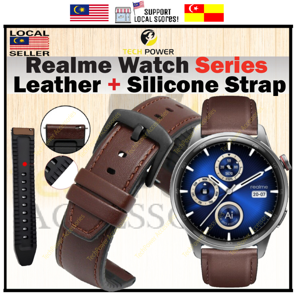 Realme Watch Strap Leather + Silicone Strap, Tali Jam Realme Watch 5/ Realme Watch S2/ Watch 3/pro R