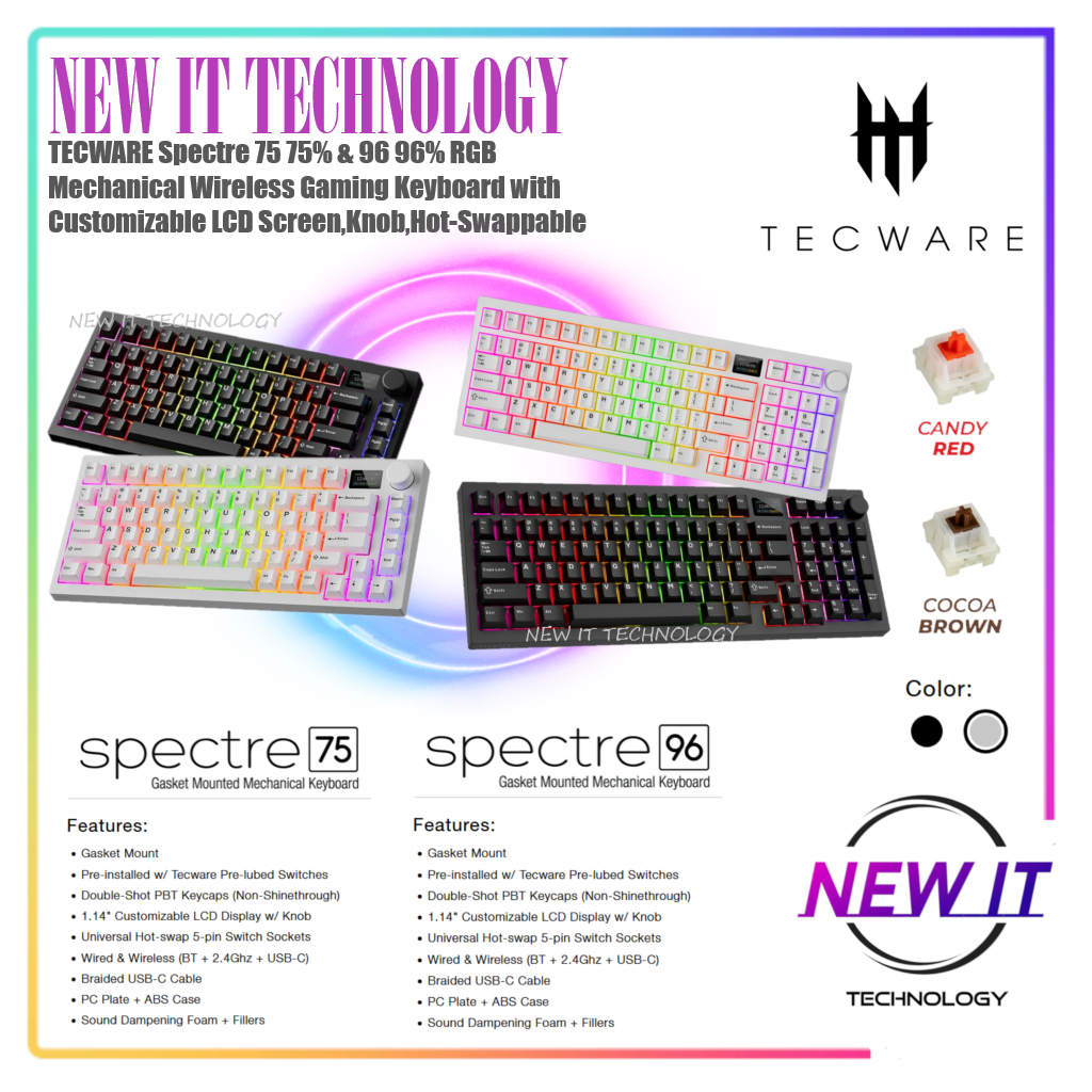 TECWARE Spectre 75 75% & 96 96 96% RGB คีย์บอร์ดเกมไร้สายแบบกลไกพร้อมหน้าจอ LCD ที่ปรับแต่งได้,Knob,Hot-Swappable