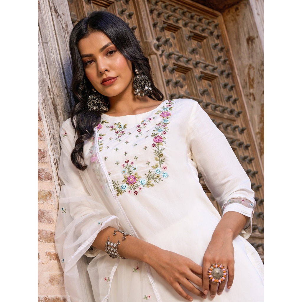 S - 4XL MVITA LIVING Designer เย็บปักถักร้อยทํางานเหนียว Chanderi Kurtis กางเกงและ Duptata ชุดสําหรับผู้หญิง - รูปที่ 2