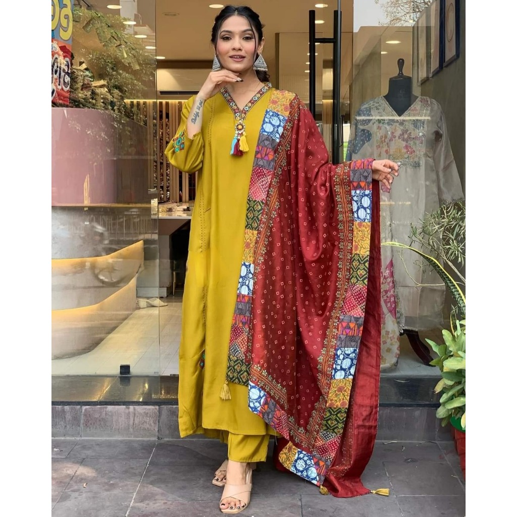 [ S TO 2XL ] MVITALIVING CREATION Designer เย็บปักถักร้อยทํางานเหนียว Chanderi Kurti กางเกงและ Duptata ชุดสําหรับผู้หญิง