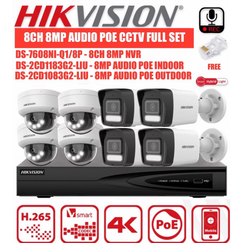 HIKVISION 8CH 8.0MP DS-7608NI-Q1/8P NVR + 8MP PoE CAMERA กล้องวงจรปิด IP เครือข่ายสมาร์ท Hybrid Ligh