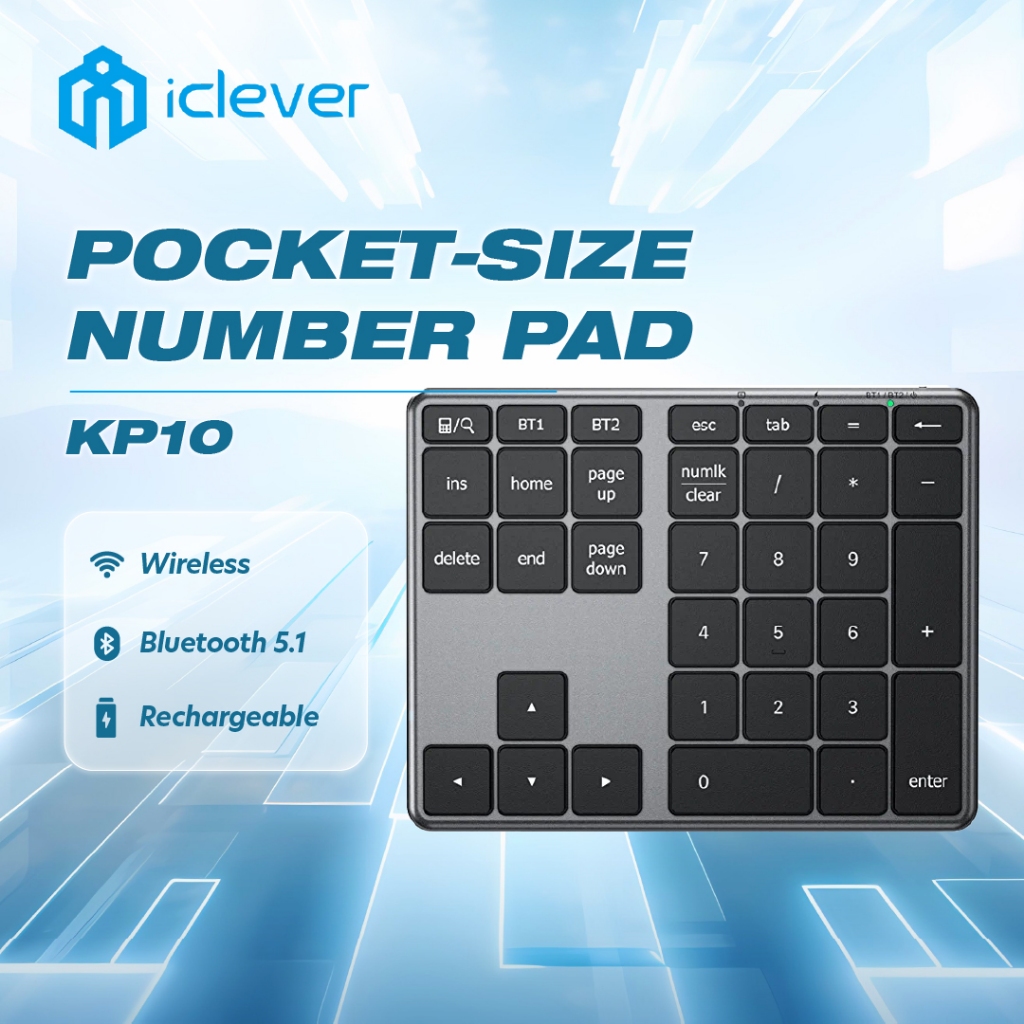 IClever KP10 แป้นตัวเลขบลูทูธ, แป้นตัวเลขไร้สายหลายอุปกรณ์, ชาร์จ USB-C