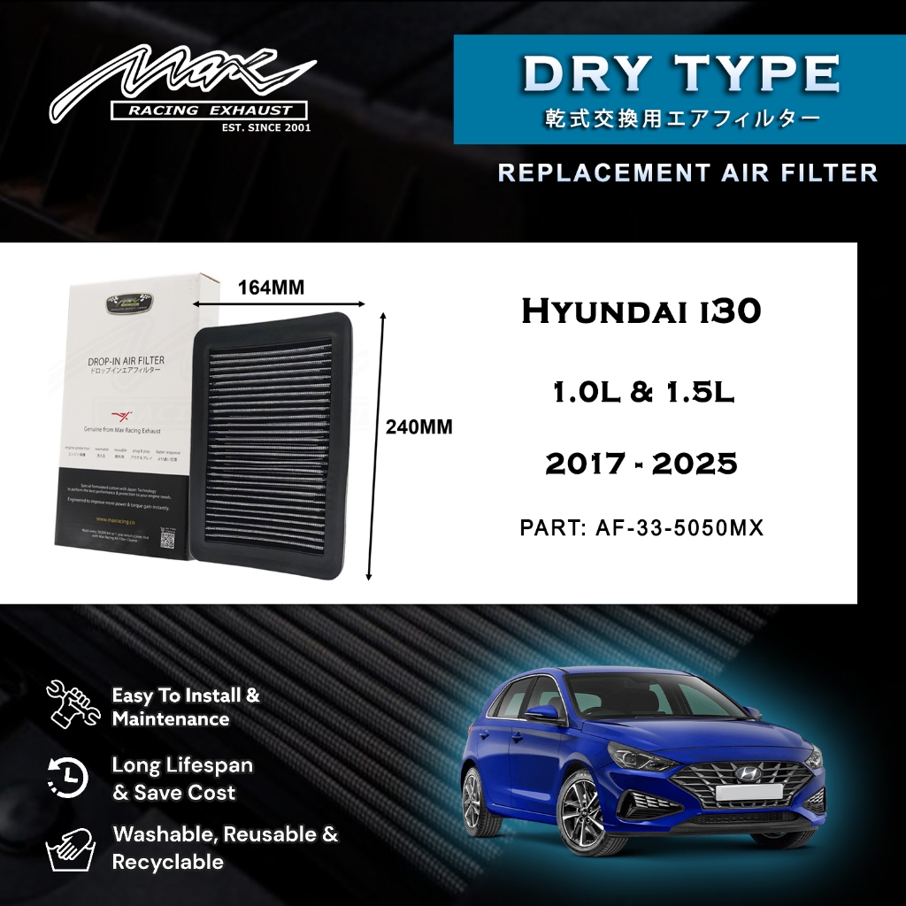 Hyundai i30 1.0L & 1.5L 2017 ถึง 2025 33-5050MX Max Racing Exhaust Performance Drop-in Dry Type Air 