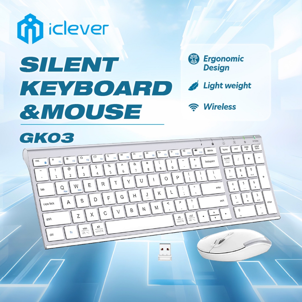 IClever GK03 คีย์บอร์ดและเมาส์ไร้สาย - การออกแบบตามหลักสรีรศาสตร์แบบชาร์จแบบพกพา 2.4G