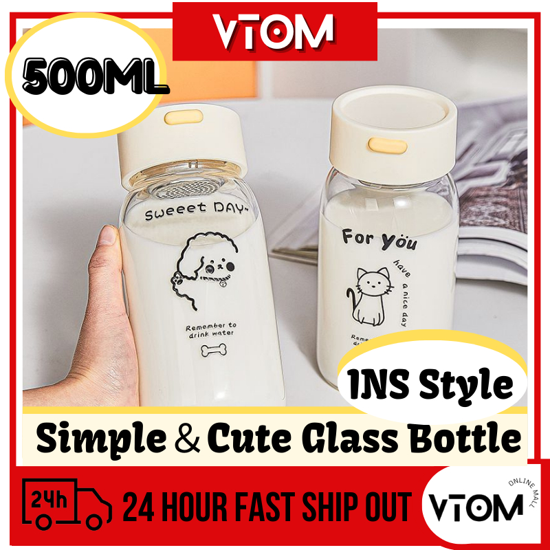 VTOM แก้วเกาหลีขวดน้ําดื่ม 500ml น่ารักน่ารักขวดแก้ว Air Botol Kaca 500ml 可爱 瓶水แก้ว