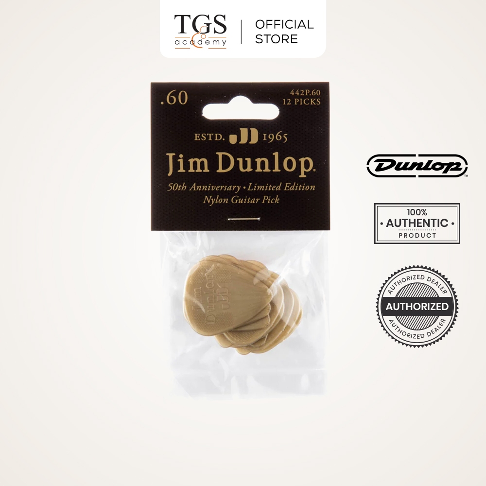 Jim Dunlop 442P Gold 50th Anniversary Nylon Standard Guitar Picks (0.60mm / 0.73mm / 0.88mm) - 12 ชิ