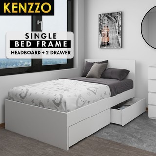 Katil Single With Headboard/ Wooden Bedframe With 2 Storage Drawer - Snow Series - KENZZO