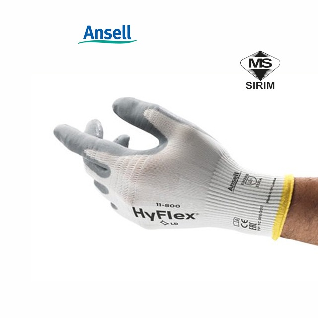 Ansell HyFlex 11-800 High Breathable & DMF ฟรีไนไตรล์เคลือบถุงมือทํางานอเนกประสงค์, พร้อม DOSH-SIRIM