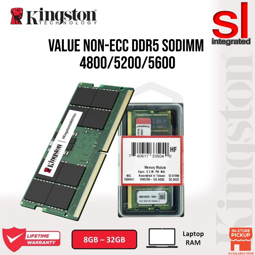 Kingston Value DDR5 Non-ECC SODIMM Laptop Ram -800MHz/5200MHz/5600MHz (8GB/16GB/32GB)