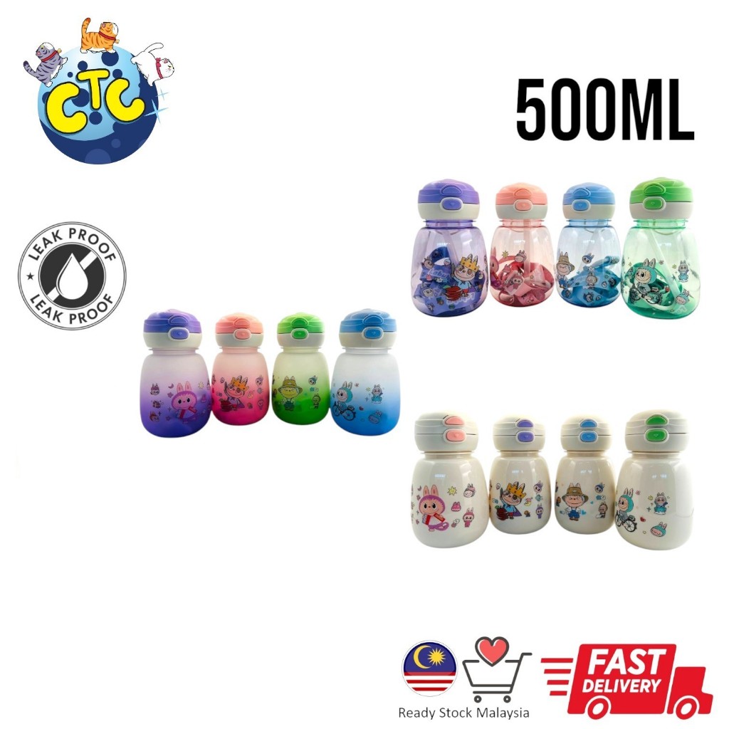 500ML Botol Air Labubu Water Bottle Kids Straw Bpa Free Botol Transparent