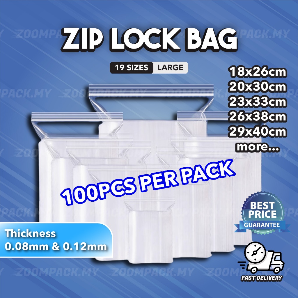 ZoomPack ถุงพลาสติกซิปล็อคขนาดใหญ่ 100 ชิ้นหนา (0.08 มม. & 0.12 มม.) ใสใสซิปซีล Ziplock Beg บรรจุภัณ