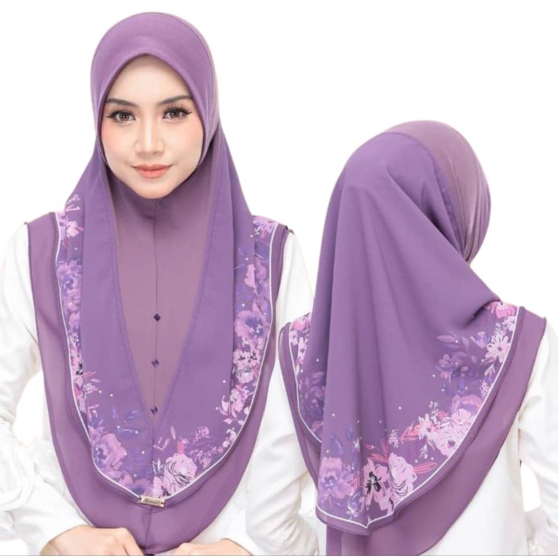 Tudung Sarung Sarima พิมพ์ชีฟองสองชั้นฟรีไซส์ Ada Batu