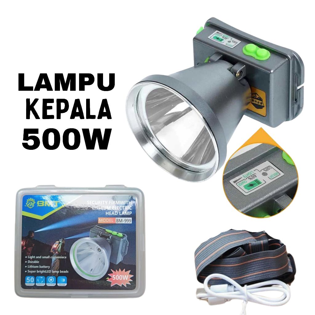 BM-999 ไฟหน้า LED แบบชาร์จไฟได้ตกปลา/การล่าสัตว์/ไฟฉายแคมป์ปิ้ง 500W กันน้ําทํางาน Lampu Kepaala Ter