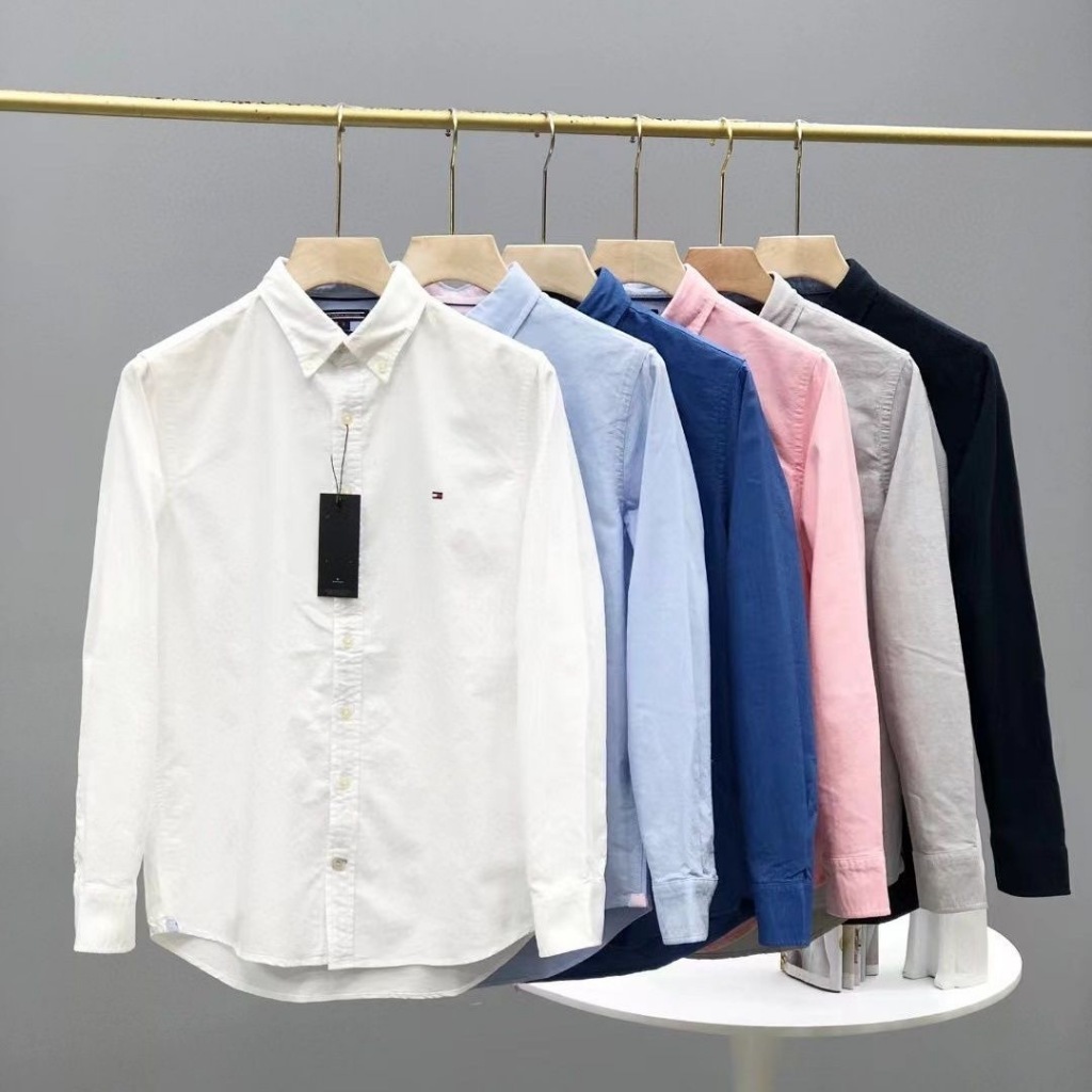 Tommy hilfiger เสื้อเชิ้ตลําลองธุรกิจปกปักเสื้อเชิ้ตแขนยาวผู้ชาย TH
