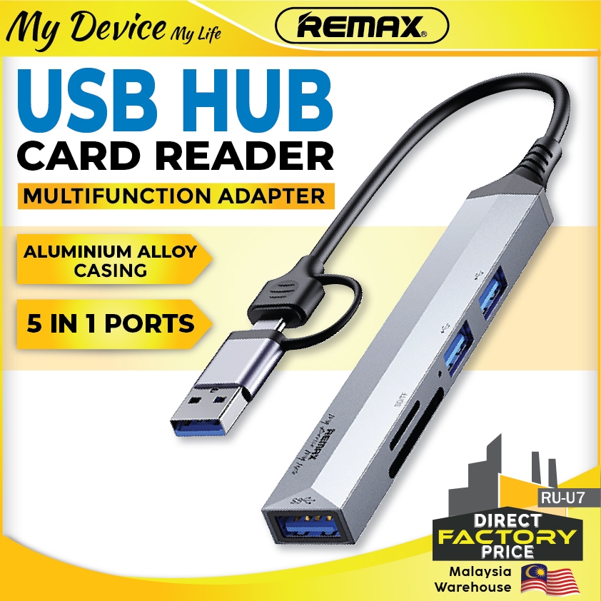 REMAX RU-U7 อลูมิเนียมอัลลอยด์ 5 In 1 Splitter Type-C + USB HUB เครื่องอ่านการ์ดมัลติฟังก์ชั่น